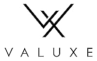 Das Bild zeigt ein minimalistisches Logo mit den Buchstaben "V" und "X", die stilisiert miteinander verbunden sind, sowie dem Schriftzug "VALUXE" darunter. Die Farben sind schwarz auf weißem Hintergrund, was ein modernes und elegantes Erscheinungsbild vermittelt.