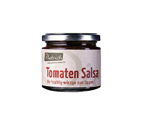 Glas mit Tomaten‑Salsa und Metallverschluss, Etikett „Tomaten Salsa“ (Marke Dietrich), fruchtig‑würzig.