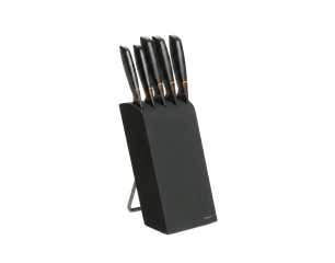Ein schwarzes Messerblock-Set mit fünf schwarzen Messern. Die Klingen sind teils sichtbar und der Block steht aufrecht. Ideal für die sichere Aufbewahrung von Küchenmessern.