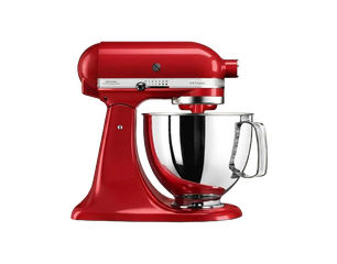 Eine rote Küchenmaschine mit einer glänzenden Edelstahl-Schüssel. Die Maschine hat einen stabilen Standfuß und einen Griff an der Schüssel. Sie ist ideal zum Mixen und Zubereiten von Teig.