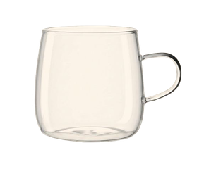 Leere, transparente Glastasse mit rundlichem, leicht bauchigem Körper und kleinem Henkel rechts.