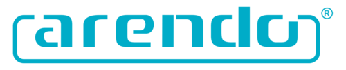 Das Bild zeigt das Logo der Marke "arendo" in einer modernen Schriftart. Der Text ist in Türkis gehalten und umrahmt von einem rechteckigen Rahmen.