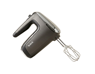 Schwarzer Handmixer (Tefal) mit einem eingesetzten Rührbesen-Aufsatz, seitliche Aufnahme auf hellem Hintergrund.