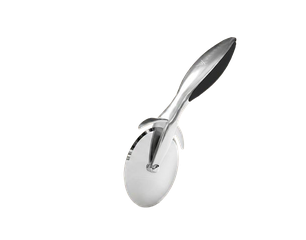 Edelstahl-Pizzaschneider mit rundem Schneidrad und ergonomischem Griff.
