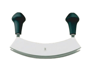 Halbmondförmiges Wiegemesser mit zwei Griffen – gebogene Klinge zum feinen Hacken von Kräutern und Gemüse.