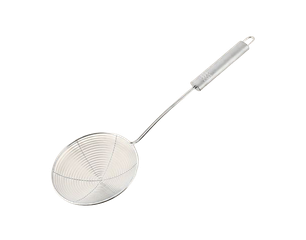 Metall-Schaumlöffel (Spinnenkelle) mit rundem Drahtgitter-Sieb und langem Griff, zum Abschöpfen von frittierten Speisen und Abseihen von Flüssigkeiten.