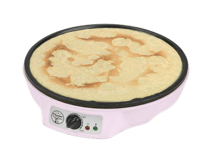 Ein elektrischer Crêpes-Maker mit einer runden, flachen Heizfläche. Die Oberfläche ist leicht gebräunt und zeigt eine unregelmäßige Textur. An der Seite befinden sich Bedienelemente zur Temperatureinstellung. Der Maker hat eine pinke Farbe.