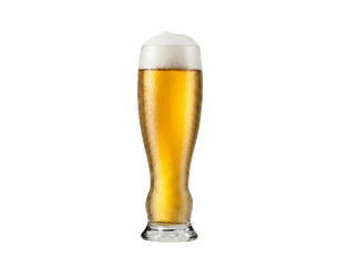 Hohes schlankes Weizenbierglas mit goldenem Bier und dichter weißer Schaumkrone.