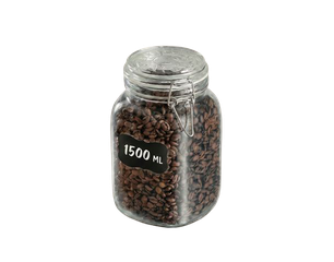 Glasgefäß mit Bügelverschluss, gefüllt mit braunen Kaffeebohnen, schwarzes Etikett mit Aufdruck "1500 ML".