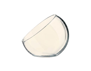 Eine transparente, runde Glasvase steht leicht geneigt. Die Form ist modern und klar, ideal für dekorative Zwecke oder für Blumenarrangements.