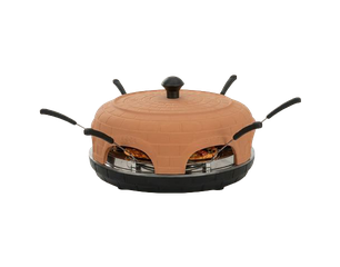 Ein elektrischer Raclette-Grill mit mehreren Pfännchen, die rund um das Gerät angeordnet sind. Der Grill hat eine orangefarbene, steinartige Oberfläche und einen mittigen Griff. Ideal für gemeinsames Essen und geselliges Beisammensein.