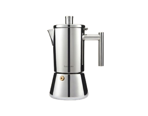 Polierter Edelstahl-Espressokocher (Mokkakanne) mit Deckel und seitlich befestigtem Griff zum Aufbrühen von Kaffee.