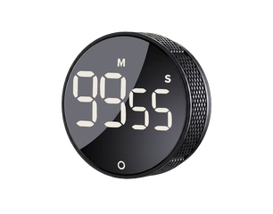 Ein digitaler Timer in Schwarz mit großen, weißen Ziffern. Die Anzeige zeigt 99 Minuten und 55 Sekunden an. Das Design ist modern und rund, mit Tasten für die Einstellungen.