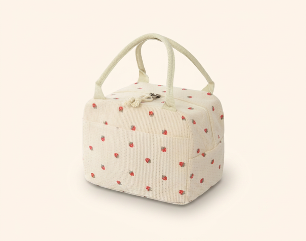 Eine hellbeige Tasche mit einem dichten, strukturierten Stoff, verziert mit roten Punkten. Sie hat zwei Tragegriffe und eine quadratische Form. Die Tasche eignet sich gut für den Transport von Lebensmitteln oder anderen Kleinigkeiten.