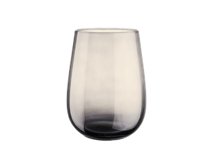 Ein transparenter, grau gefärbter Trinkbecher mit einer bauchigen Form. Der Becher hat einen sanften Übergang von transparent oben nach dunkler unten, ist modern gestaltet und wirkt elegant.
