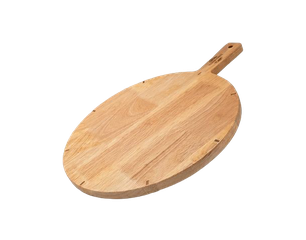 Ein ovales Holzbrett mit einem langen Griff. Die Oberfläche ist glatt und unbenutzt, und die Holzmaserung ist gut sichtbar. Ideal zum Schneiden oder Servieren von Lebensmitteln.