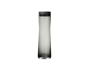 Eine schlanke, durchsichtige Glasflasche mit schwarzem Deckel steht senkrecht auf einem neutralen Hintergrund. Die Flasche hat eine elegante, zeitgenössische Form und ist geeignet für Wasser oder andere Getränke.