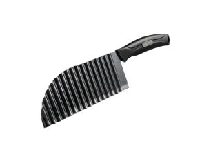 Schwarzes Küchenschneidemesser mit ergonomischem Griff und groß gewellter Klinge für Wellenschnitt von Gemüse und Pommes.