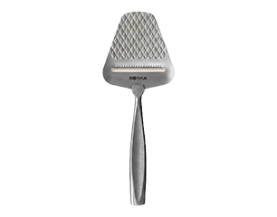 Edelstahl-Käsereibe mit dreieckiger, gezahnter Reibefläche und langem ergonomischen Griff.