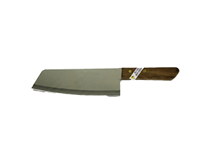 Breites Kochmesser mit rechteckiger Metallklinge und glattem Holzgriff.