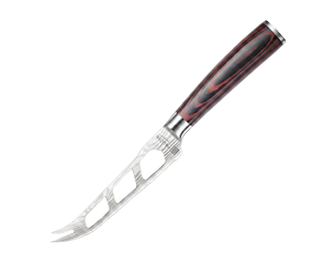 Käsemesser mit geschlitzter, leicht gebogener Klinge und dunklem Holzgriff.