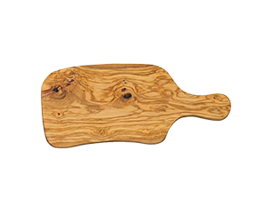 Unregelmäßig geformtes Holz‑Schneidebrett mit rundem Griff, markanter Maserung und sichtbaren Knoten.