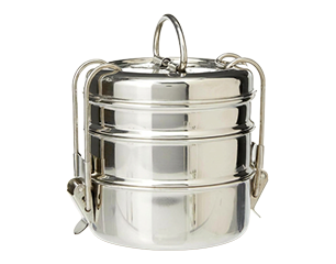 Dreistöckige, glänzende Edelstahl-Lunchbox (Tiffin) mit Tragegriff und seitlichen Verriegelungsclips.