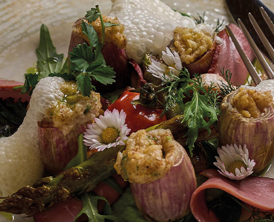 Ein kunstvoll angerichteter Teller mit gefüllten Zwiebeln, frischen Kräutern, buntem Gemüse und essbaren Blüten. Auf dem Teller liegen auch einige Scheiben Schinken. Die Präsentation ist ansprechend und kreativ gestaltet.