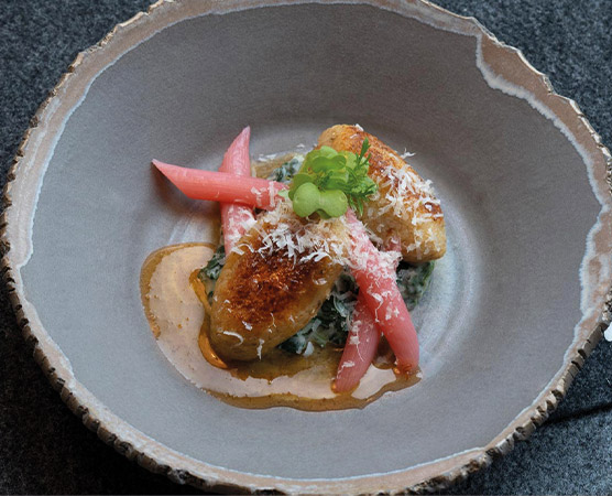 Ein runder Teller mit gebratenem Fisch oder Fleisch, garniert mit grüner Kräuter- oder Blattdekoration. Daneben liegen pinkfarbene Rhabarberstücke und eine dunkle, geschmackvolle Sauce auf einer grünen Gemüsebeilage. Die Präsentation ist ansprechend und elegant.