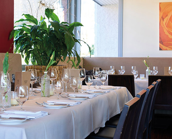 Ein elegant gedeckter Tisch in einem Restaurant. Er ist mit weißen Tischdecken, Gläsern, Besteck und kleinen Blumenvasen dekoriert. Im Hintergrund sind große Fenster und eine Pflanze sichtbar. Die Atmosphäre ist hell und einladend.