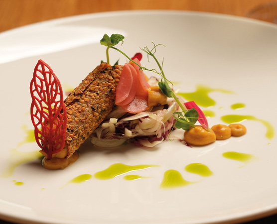 Ein kunstvoll angerichteter Teller mit einer Hauptspeise aus einem frischen Gemüsepatty, umgeben von buntem Salat. Dekorative Essenelemente mit purpurroten und grünen Akzenten sowie Saucenlinien ergänzen die Präsentation.