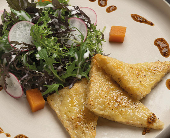 Ein Teller mit drei goldbraun gebratenen Dreiecken, neben einem bunten Salat aus verschiedenen Blattsalaten, Radieschen und kleinen Würfeln. Ein paar Tropfen Soße sind kunstvoll um das Gericht drapiert.