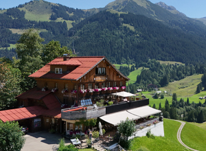 Eine traditionelle Berghütte mit rotem Dach und Balkon, umgeben von grünen Wiesen und Bergen. Blühende Pflanzen schmücken die Fenster. Im Vordergrund sind Tische auf der Terrasse sichtbar, die eine einladende Atmosphäre schaffen. Die Landschaft vermittelt Ruhe und natürliche Schönheit.