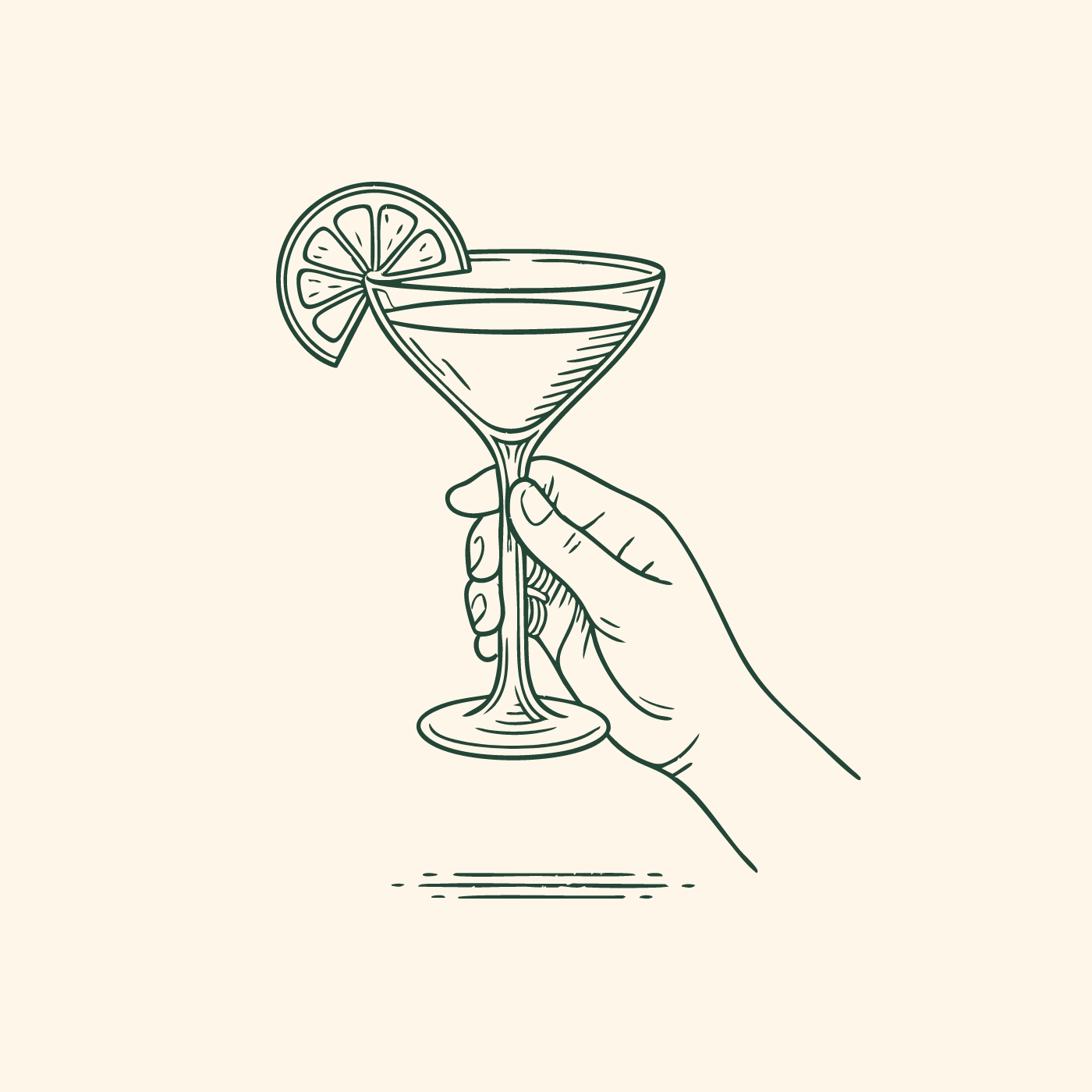 Ein einfach gezeichneter Hand, die ein Martini-Glas mit einer Limettenscheibe hält. Das Glas steht auf einem dünnen Fuß, und die Flüssigkeit ist sichtbar. Der Hintergrund ist einfarbig.