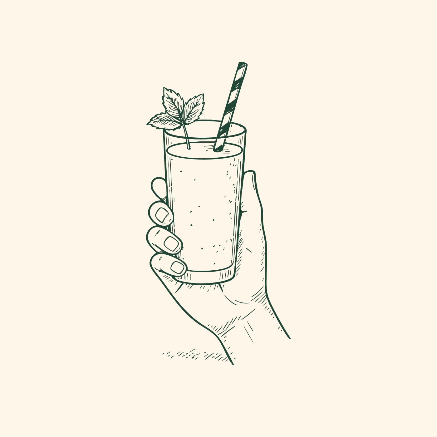 Eine Hand hält ein Glas mit einem Getränk, das mit einem Streifenhalm versehen ist. Im Glas befinden sich frische Minzblätter. Die Darstellung vermittelt ein frisches und einladendes Gefühl.