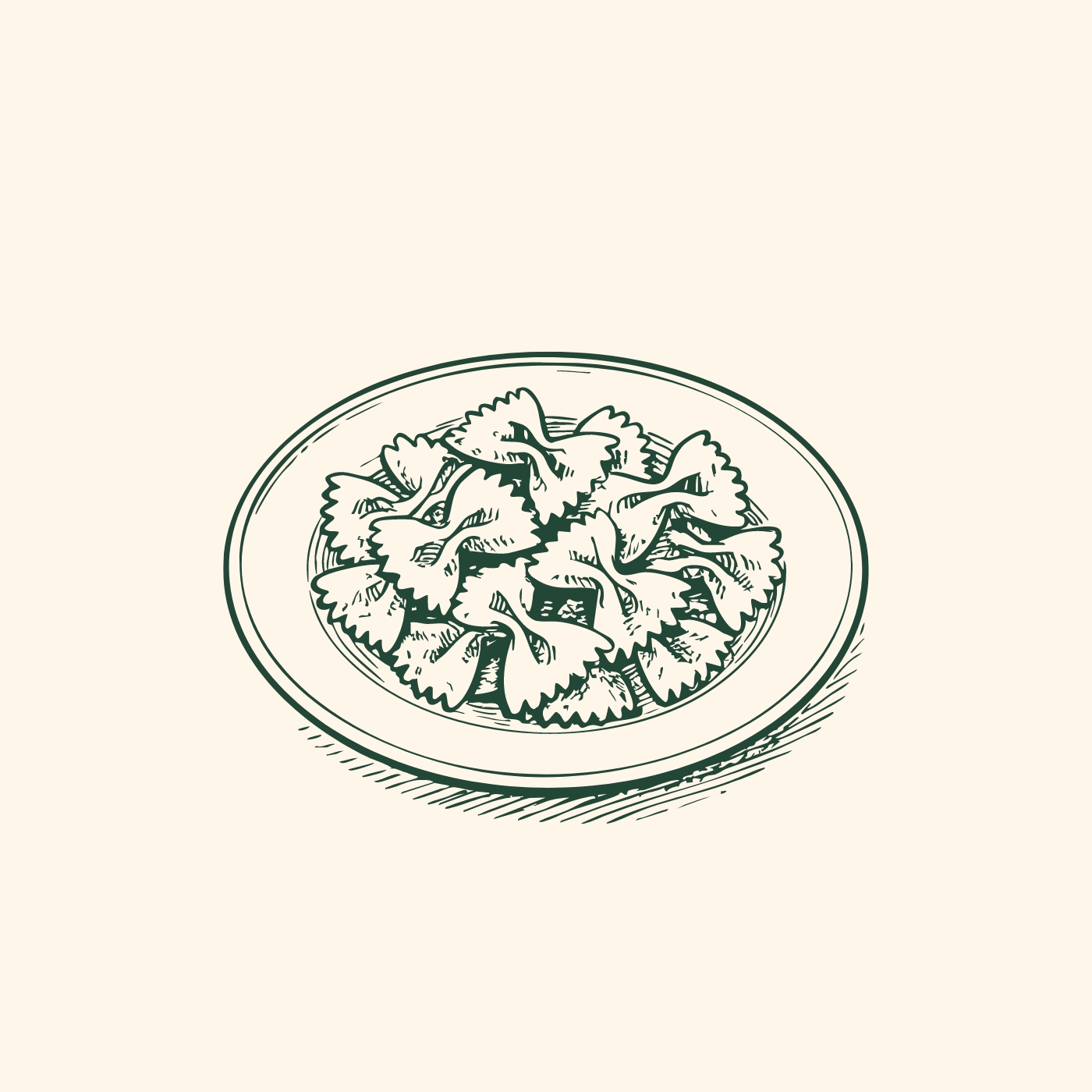 Ein Teller mit gekochten Farfalle-Nudeln, die übereinander gestapelt sind. Die Nudeln sind in einer runden, flachen Schüssel angerichtet und wirken einladend. Der Hintergrund ist schlicht, um den Fokus auf das Gericht zu lenken.