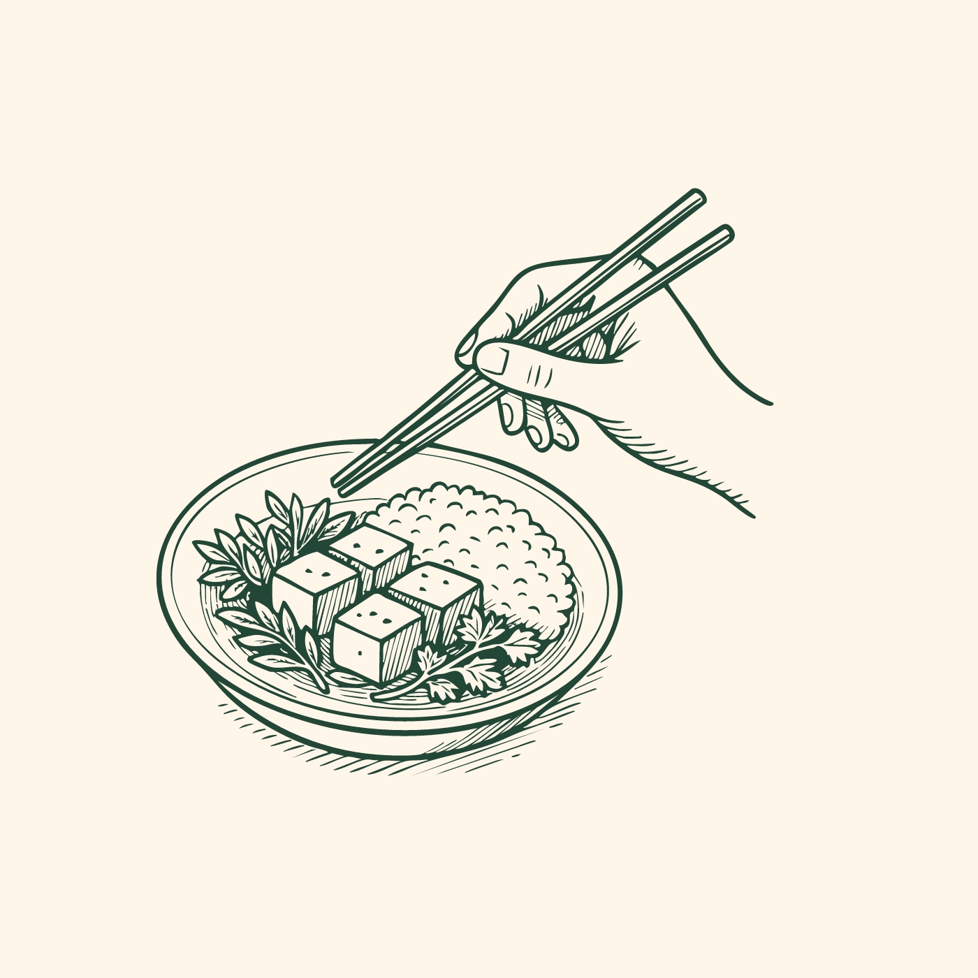 Eine Hand hält Stäbchen und greift nach einem Teller mit Reis, Tofu-Würfeln und grünen Kräutern. Die Schüssel ist einfach und elegant gestaltet, mit einem klaren Fokus auf der Speise.