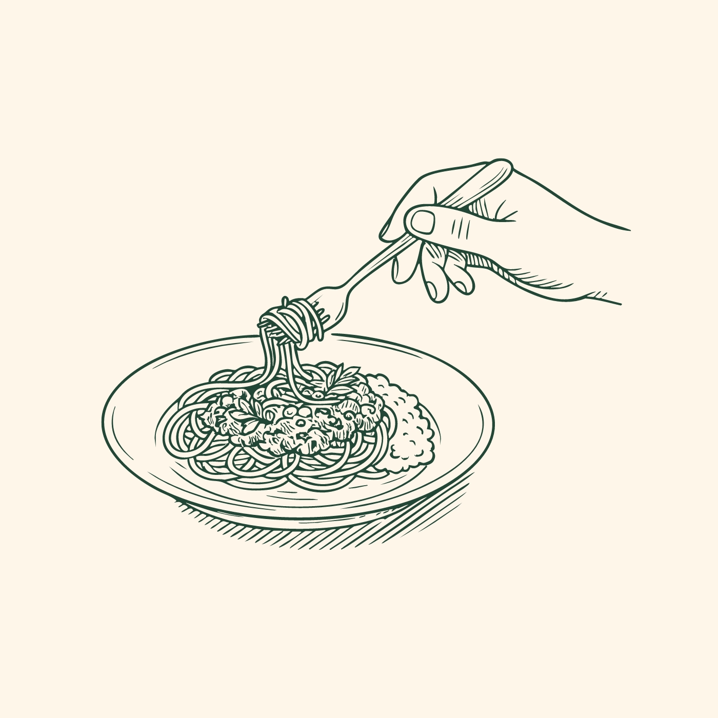Eine Hand hält eine Gabel, mit der sie Spaghetti aufnimmt, die auf einem Teller mit Soße und Käse liegen. Das Bild zeigt den Moment des Servierens oder Essens einer Pastagericht.