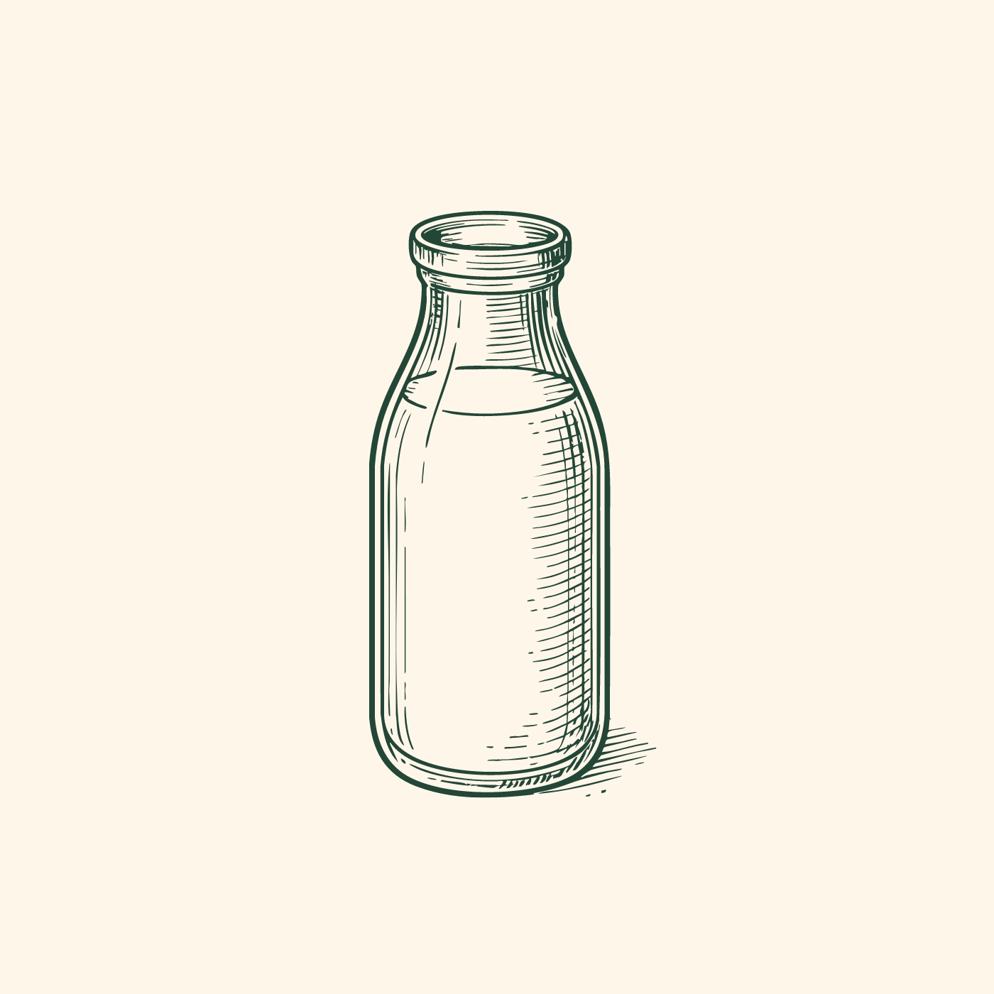 Ein skizziertes Glasfläschchen, halb voll mit Flüssigkeit, steht auf einem hellen Hintergrund. Die Flasche hat eine klassische Form mit einem schmalen Hals und einem runden Boden.