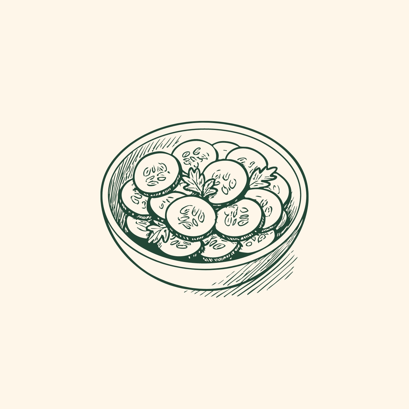 Eine Schüssel mit Gurkenscheiben, die mit frischem Koriander garniert ist. Die Gurken sind dünn geschnitten und gleichmäßig angeordnet, um einen frischen und appetitlichen Eindruck zu vermitteln.