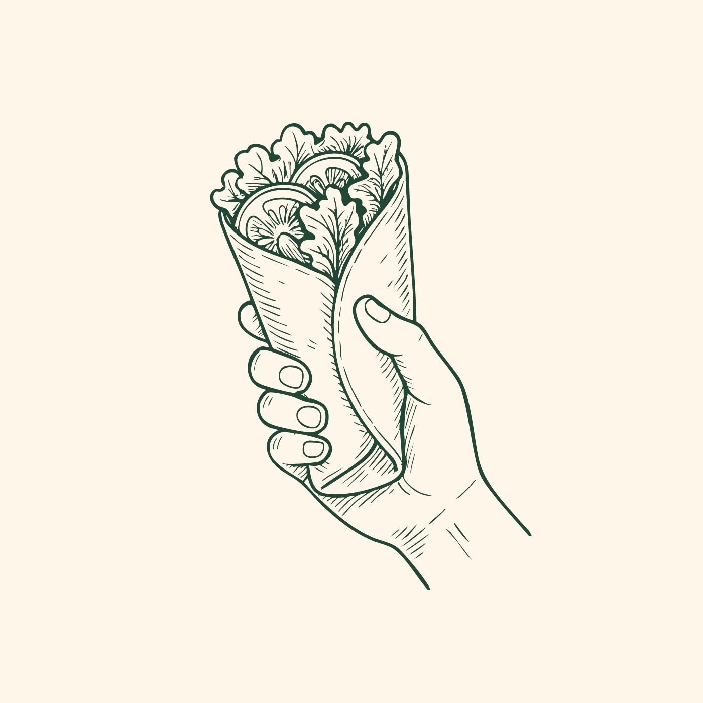 Eine Hand hält einen Wrap, gefüllt mit frischem Salat und Zitronenscheiben. Der Wrap ist in Papier gewickelt und zeigt eine gesunde, appetitliche Füllung.