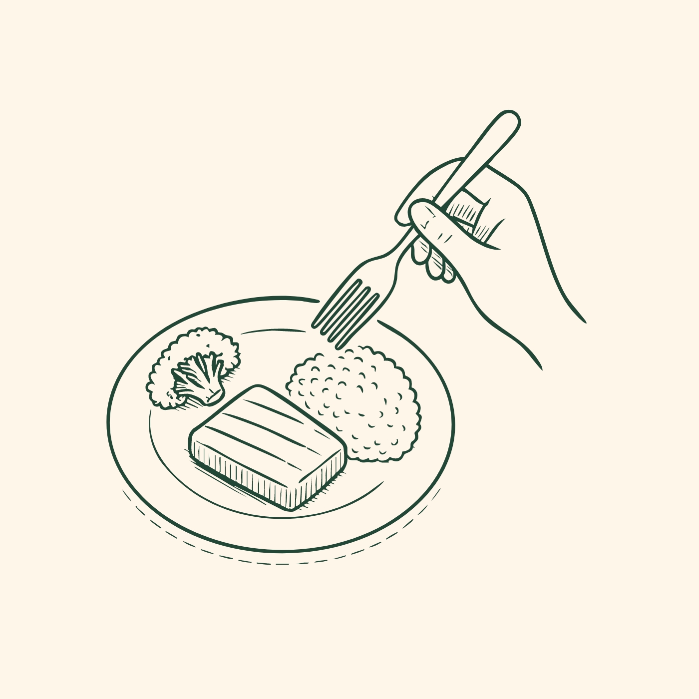 Eine Hand hält eine Gabel und bereitet sich darauf vor, ein Stück Fleisch von einem Teller zu schneiden. Auf dem Teller liegen außerdem Reis und ein Stück Brokkoli.
