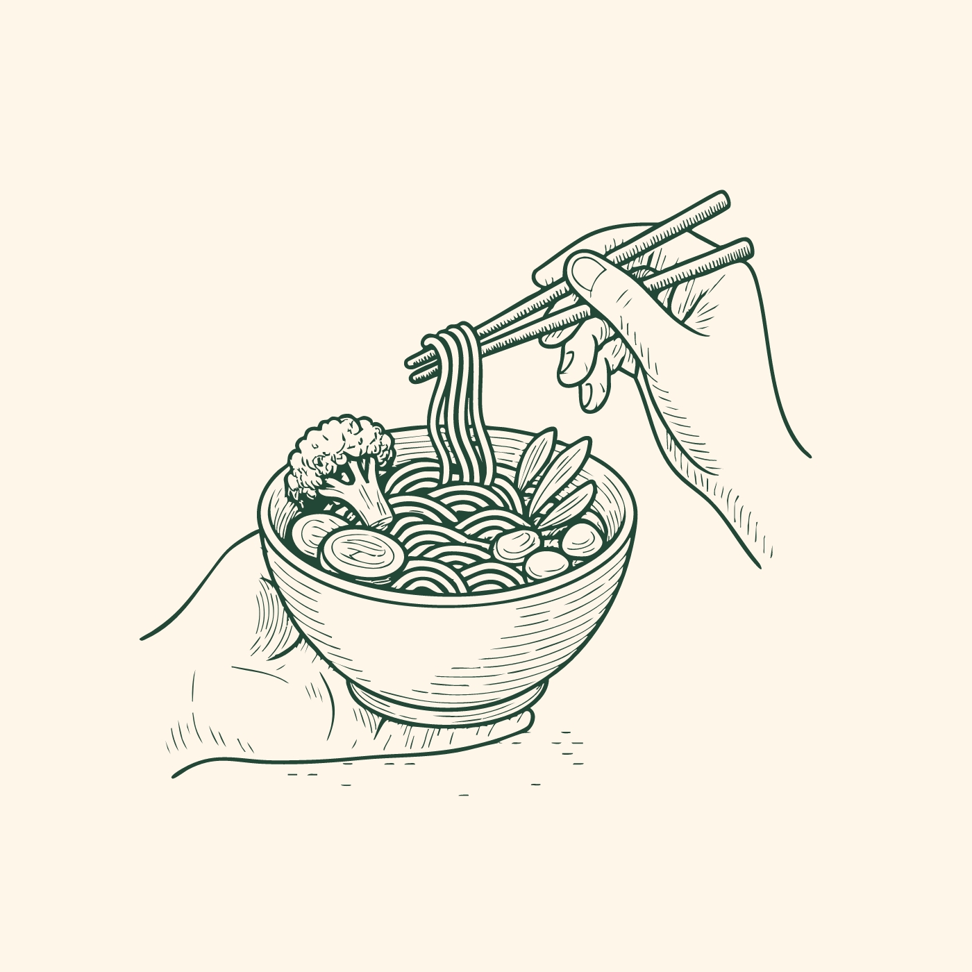 Eine Hand hält Stäbchen, um Nudeln aus einer Schüssel zu essen. In der Schüssel befinden sich zusätzlich Brokkoli und verschiedene Gemüse. Die Darstellung ist skizzenhaft und vermittelt ein Gefühl von appetitlichem Essen.