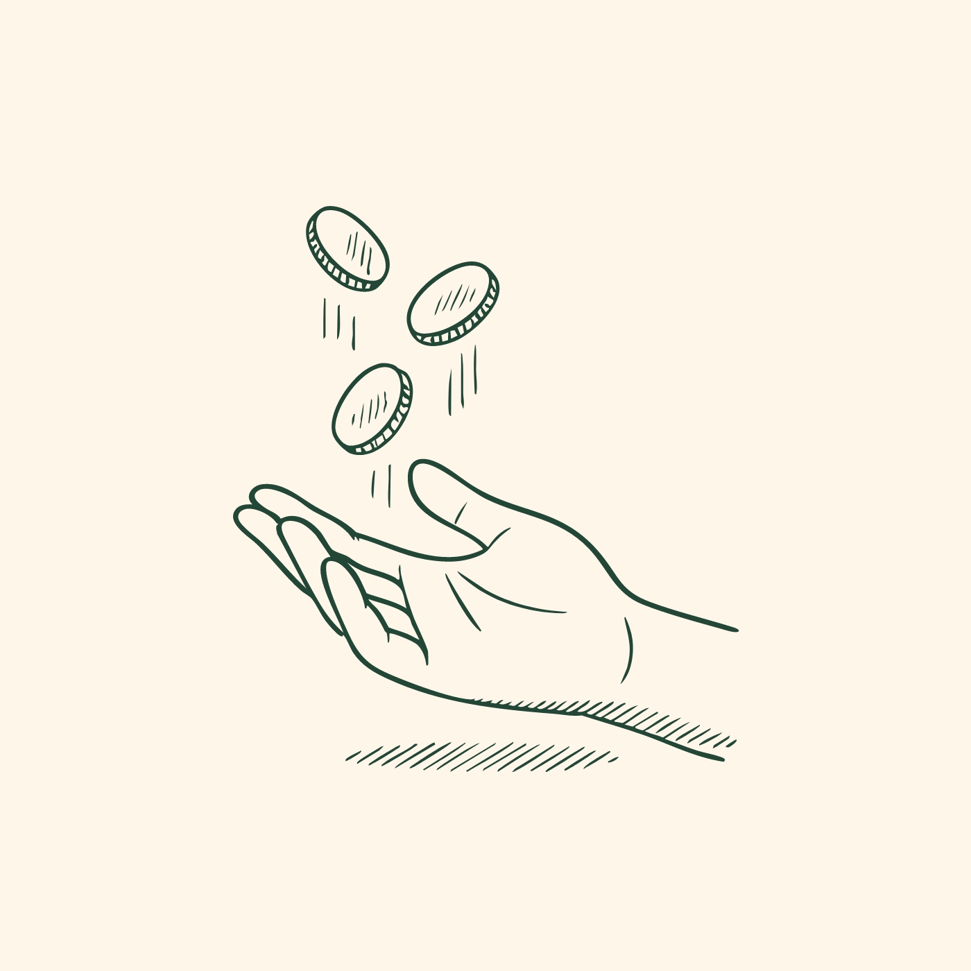 Eine Hand hält sich offen, während mehrere Münzen nach unten fallen. Die Münzen scheinen in Bewegung zu sein und symbolisieren möglicherweise einen Geldtransfer oder das Teilen von Reichtum.