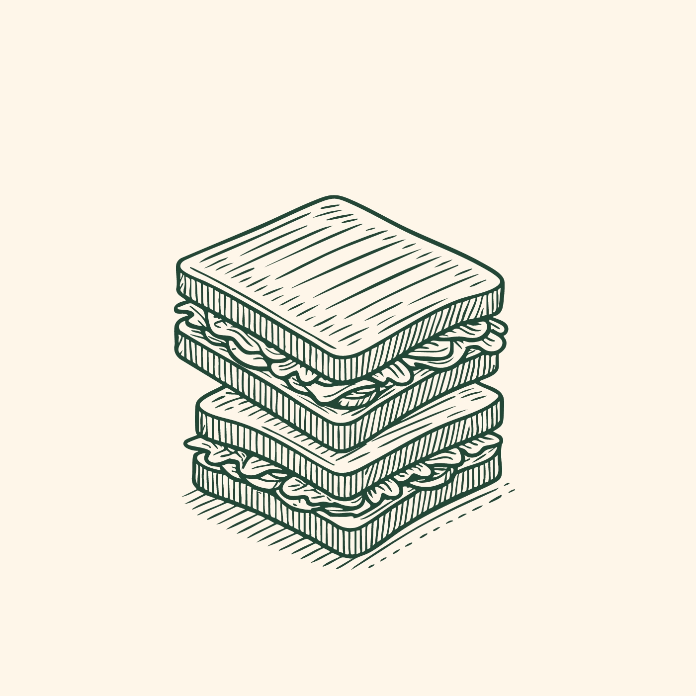 Eine Illustration zeigt drei gestapelte Kekse, gefüllt mit einer Cremefüllung. Die Kekse haben eine gerippte Oberfläche und sind gleichmäßig in Form geschnitten. Die gesamte Darstellung ist in einem minimalistischen, skizzierten Stil gehalten.