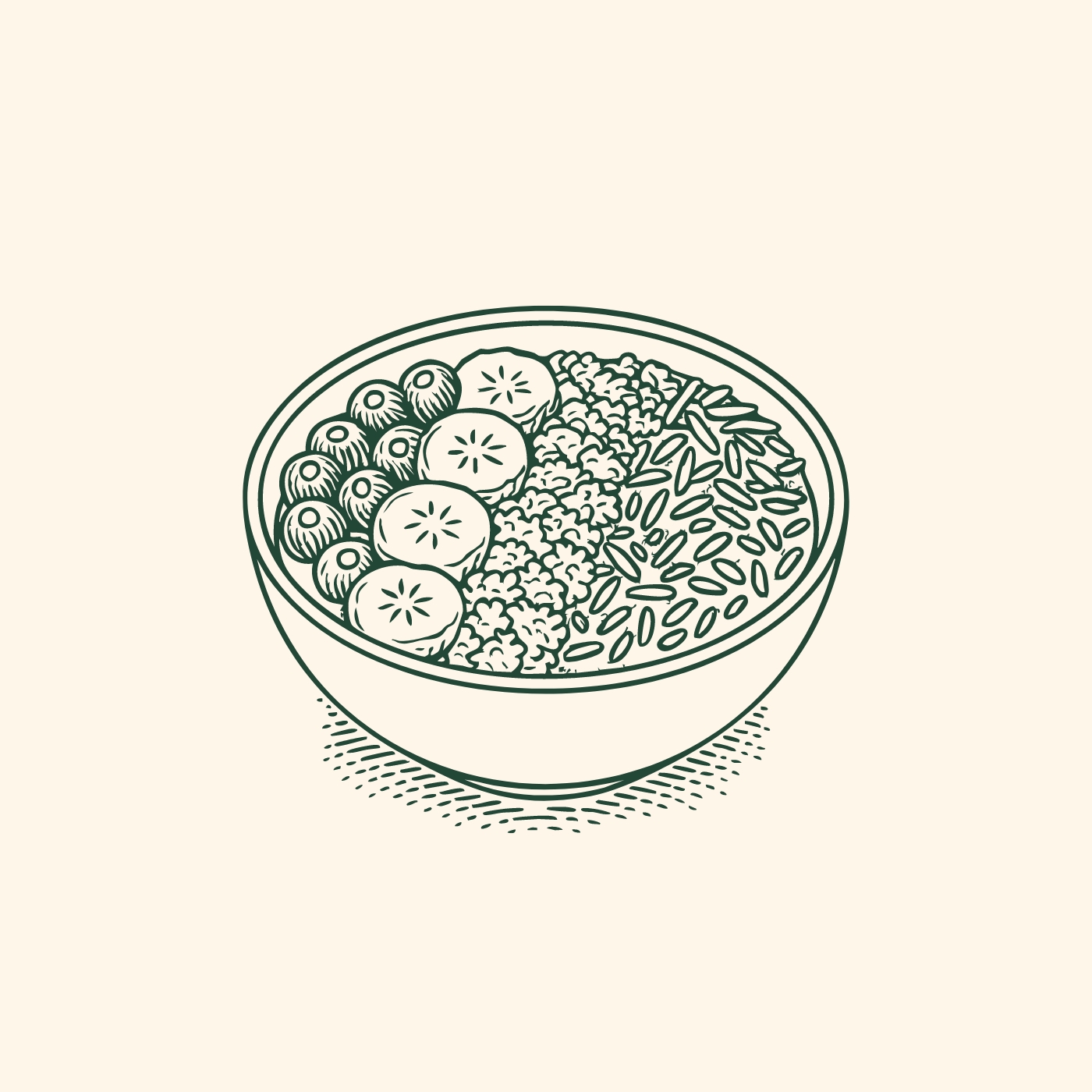 Eine einfache Schüssel mit verschiedenen Zutaten, darunter Beeren, Bananenscheiben und eine Mischung aus Reis oder Quinoa. Die Darstellung ist stilisiert und hebt die gesunden Komponenten der Schüssel hervor.