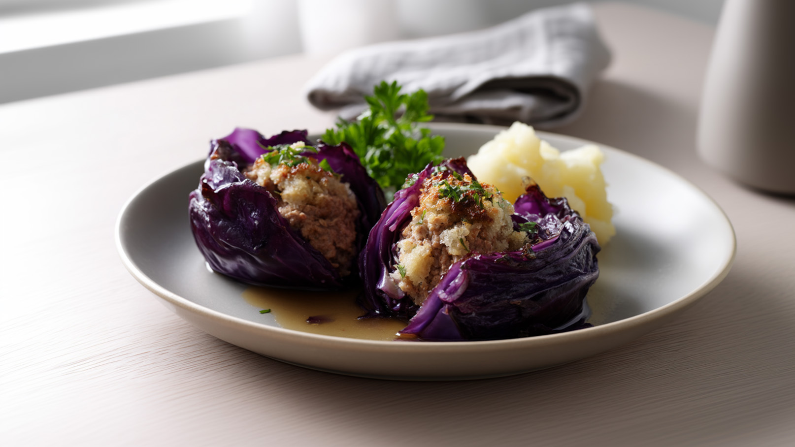 Ein Teller mit gefülltem roten Kohl, angerichtet mit Petersilie. Neben dem Kohl befindet sich ein Klecks Kartoffelpüree. Die Füllung ist sichtbar und scheint aus Fleisch und Brot zu bestehen, angereichert mit Gewürzen.