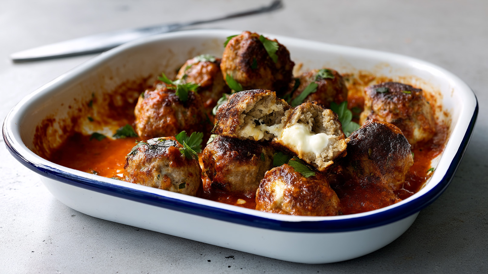Eine Auflaufform mit vielen gefüllten Fleischbällen in Tomatensauce. Einige Fleischbälle sind angeschnitten, sodass die geschmolzene Füllung sichtbar ist. Frische Kräuter sind als Garnierung hinzugefügt.