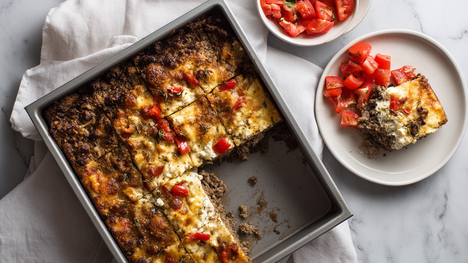 Ein quadratisches Gericht aus Hackfleisch und Käse, dekoriert mit roten Würfeln von Tomaten, befindet sich in einer Auflaufform. Neben der Form liegt ein Teller mit einem Stück des Gerichts und einer Portion frischer Tomatenwürfel.
