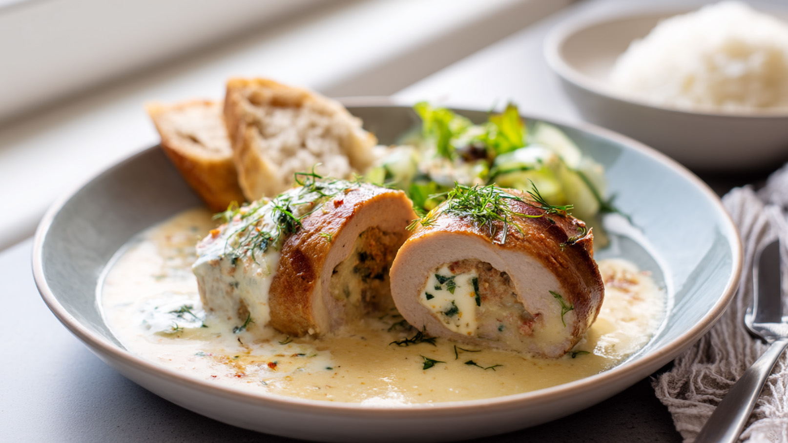 Ein Teller mit gefülltem Hähnchenbrustfilet in einer cremigen Sauce, garniert mit frischem Dill. Daneben befinden sich ein Stück Brot und ein gemischter Salat mit Gurken. Im Hintergrund ist eine Schüssel Reis sichtbar.